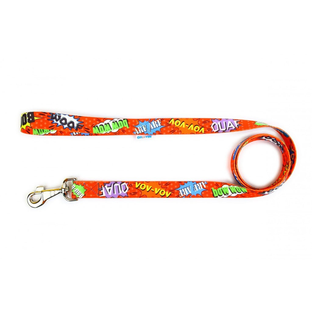 close-up of the durable red graffiti dog leash clasp and stitching