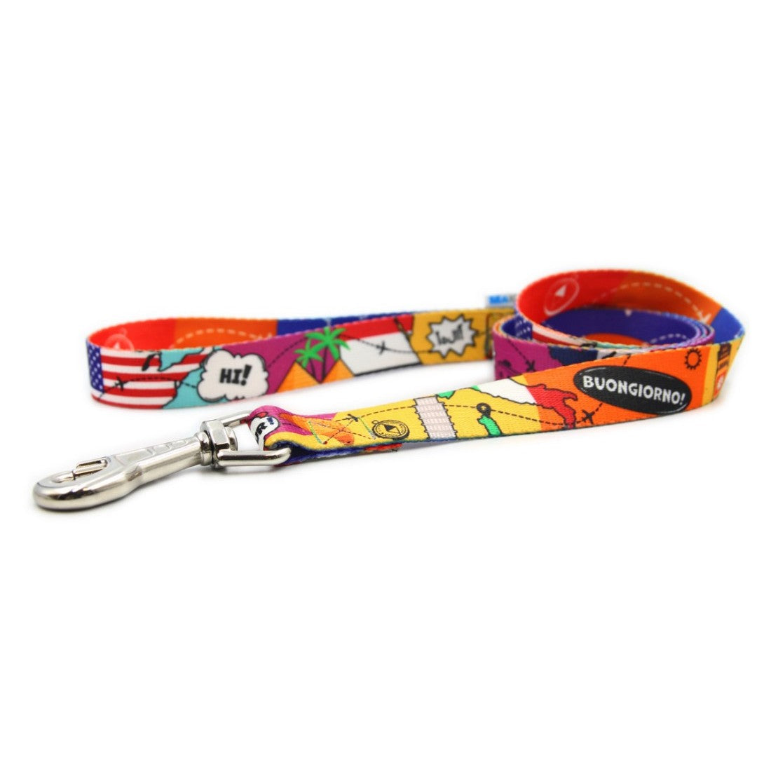 a close-up shot of the vibrant eiffel tower graphic on the durable travel pet leash