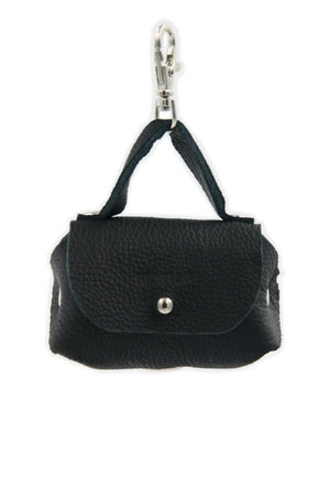 bold black leather dog waste bag dispenser attached to a leash with metal hardware