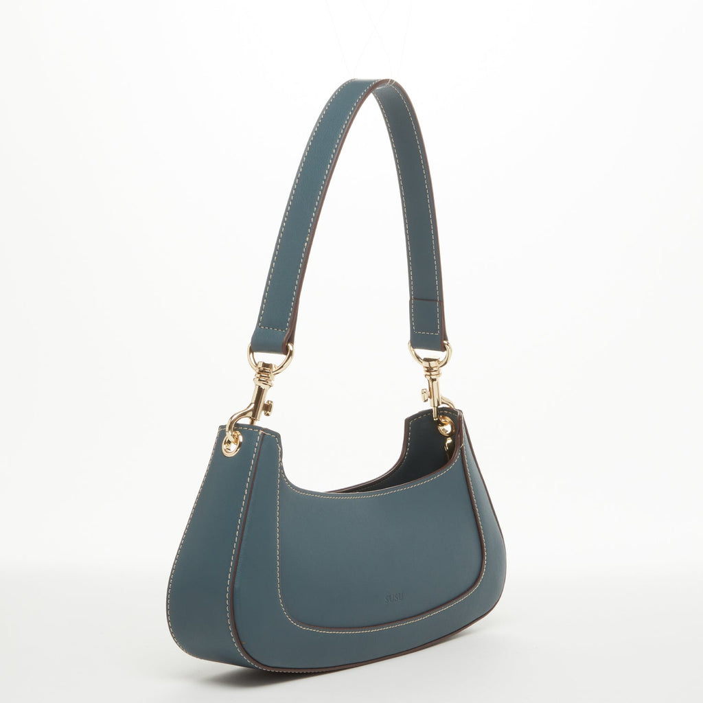 Blue Leather Baguette Bag East West Handbag