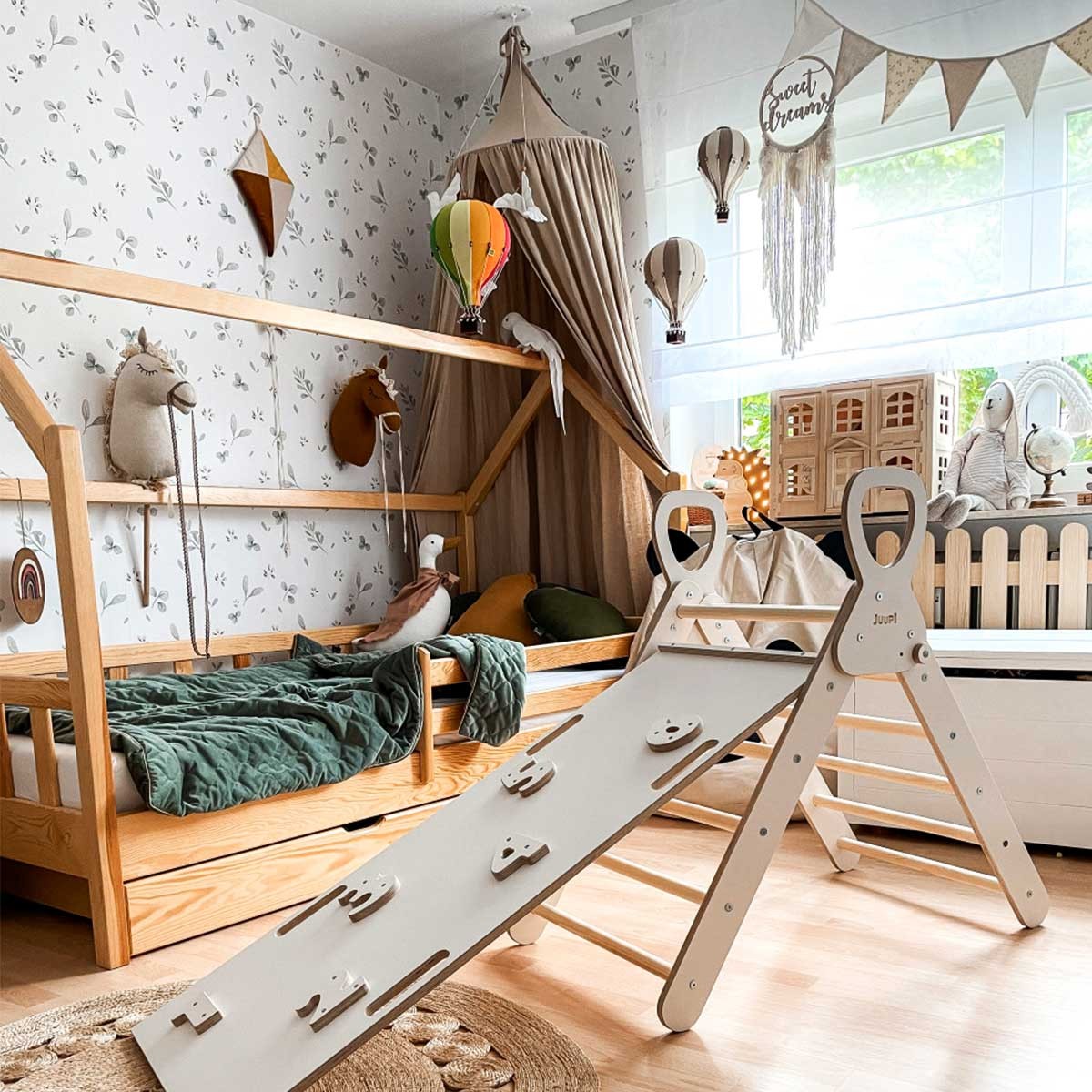 elegant matte paper leaves minimini wallpaper with storks and a lake for a refined nursery