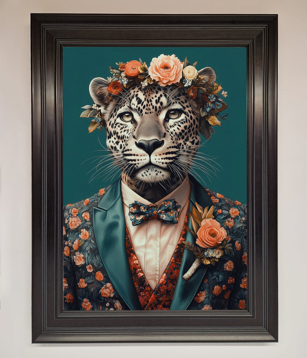 Leopard In a Suit With Flowers Framed Print
