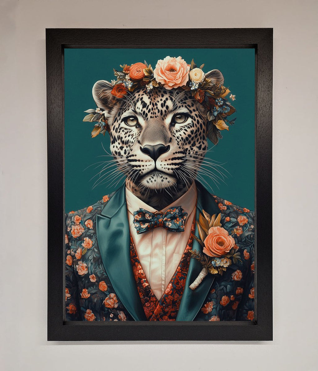 Leopard In a Suit With Flowers Framed Print