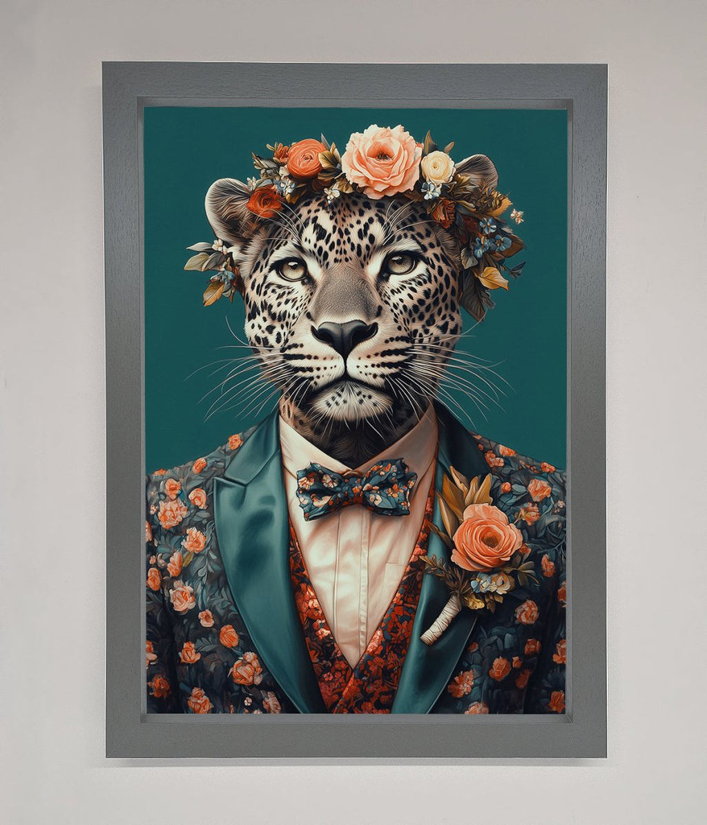 Leopard In a Suit With Flowers Framed Print