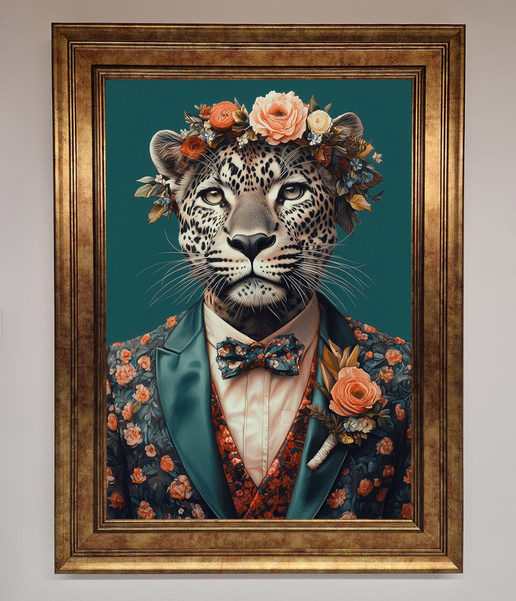 Leopard In a Suit With Flowers Framed Print