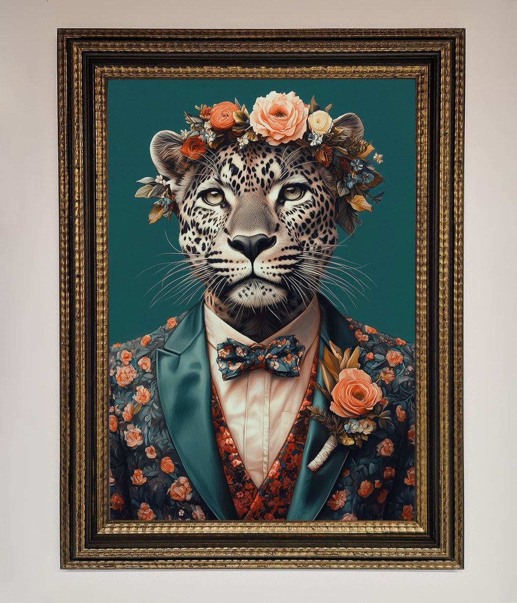 Leopard In a Suit With Flowers Framed Print