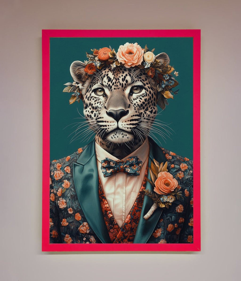 Leopard In a Suit With Flowers Framed Print
