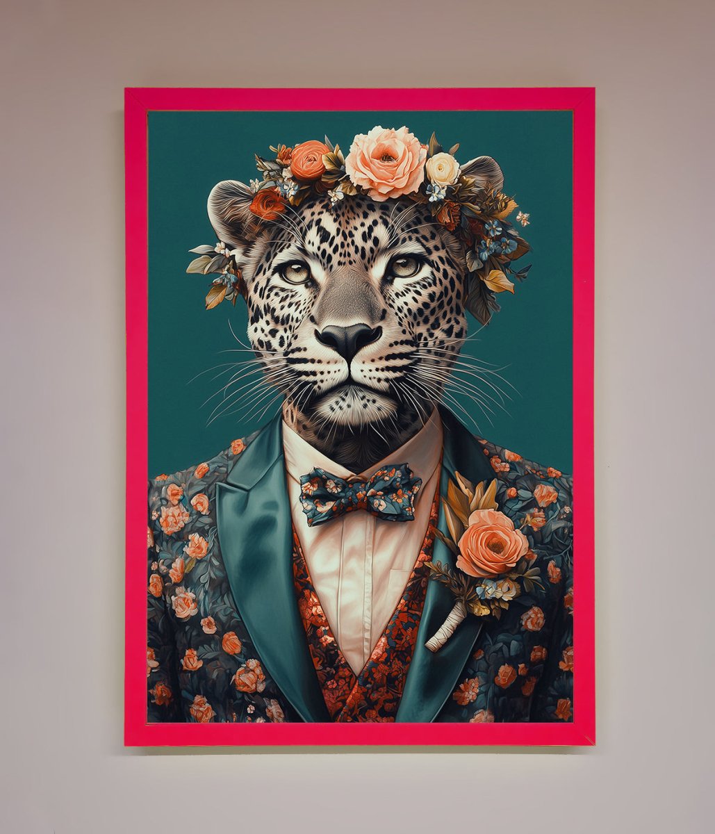 Leopard In a Suit With Flowers Framed Print
