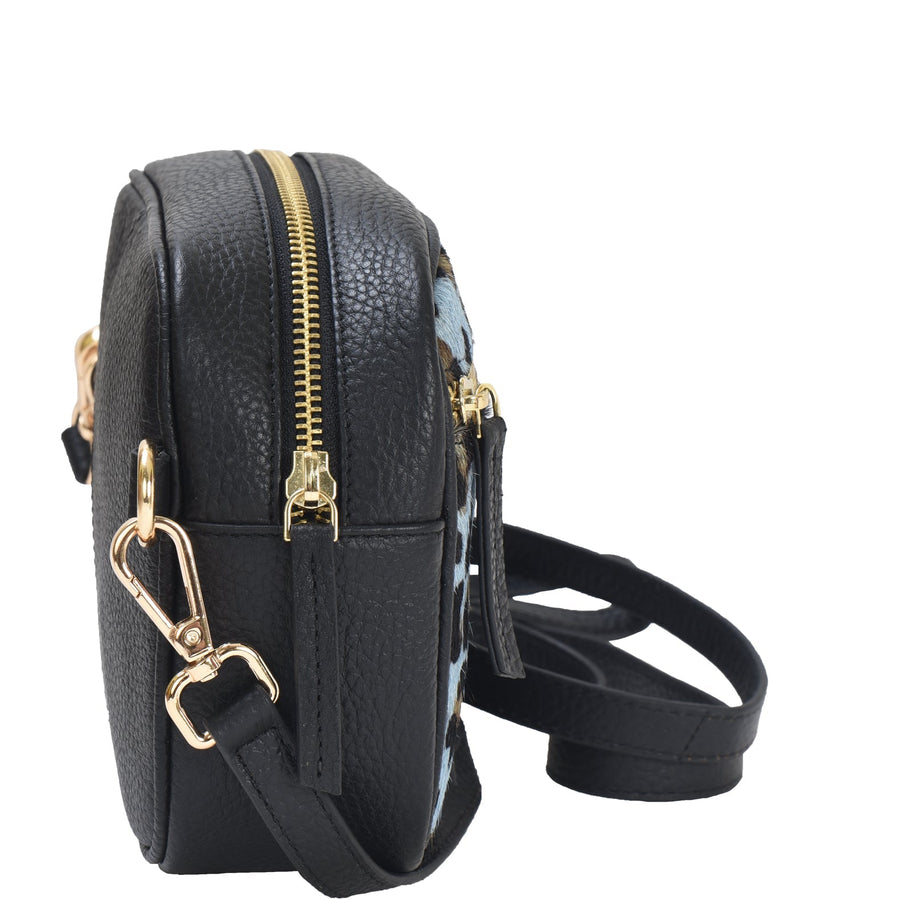 Blue Leopard Leather Crossbody Bag with Removable Strap