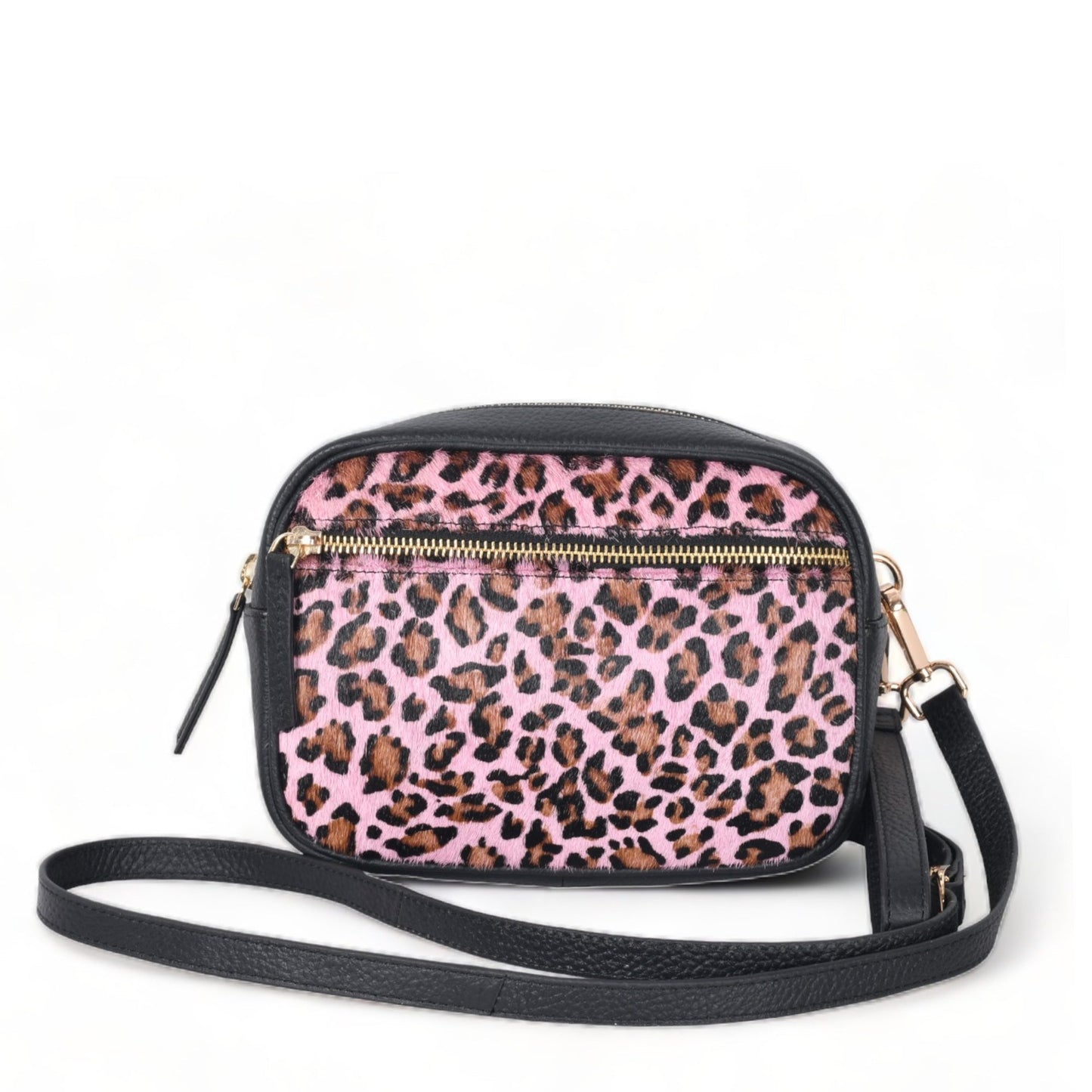 Pink Leopard Print Convertible Leather Cross Body Camera Bag Brix and Bailey Ethical Handbag Brand