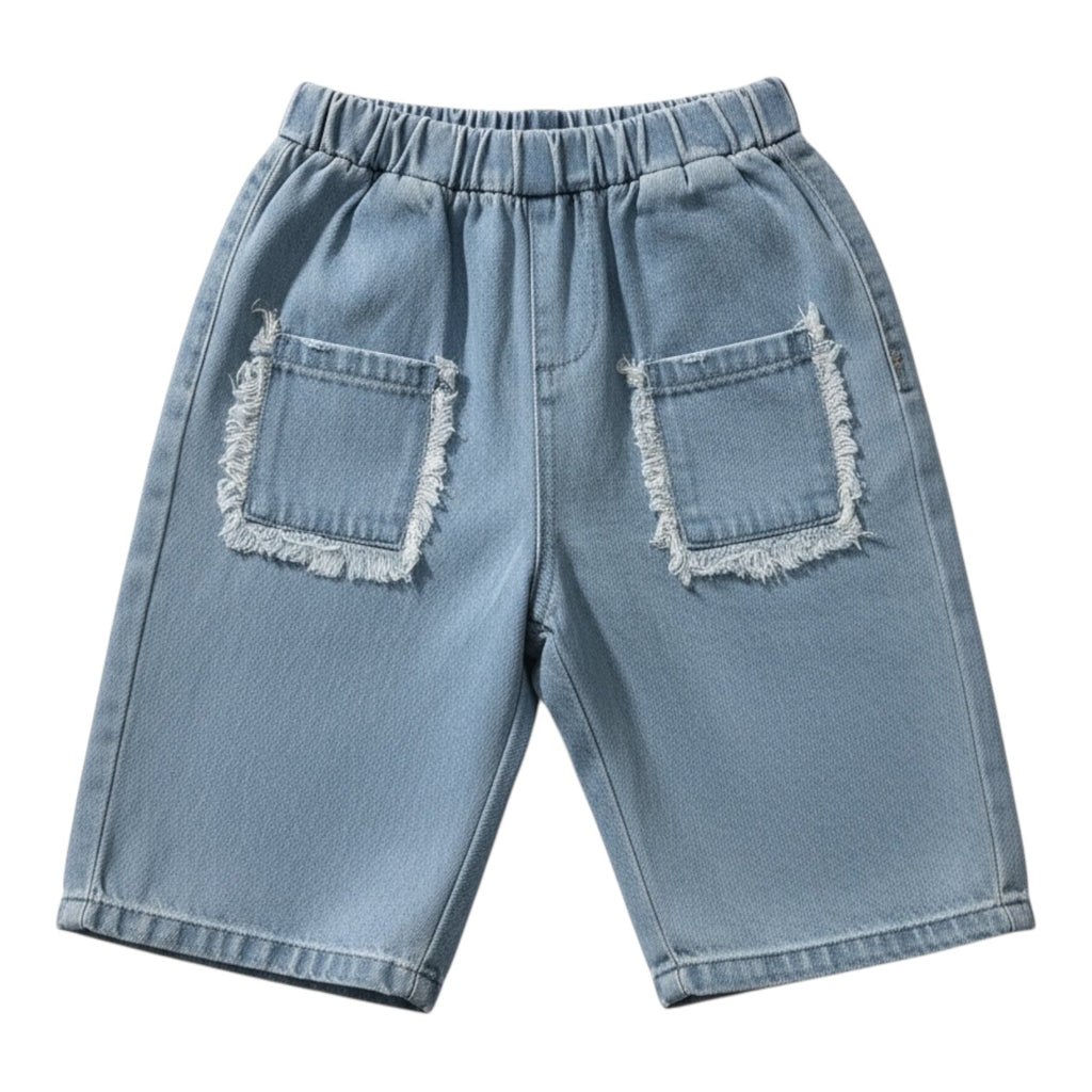 Lightweight Washed Denim Trousers with Frayed Pocket Detail