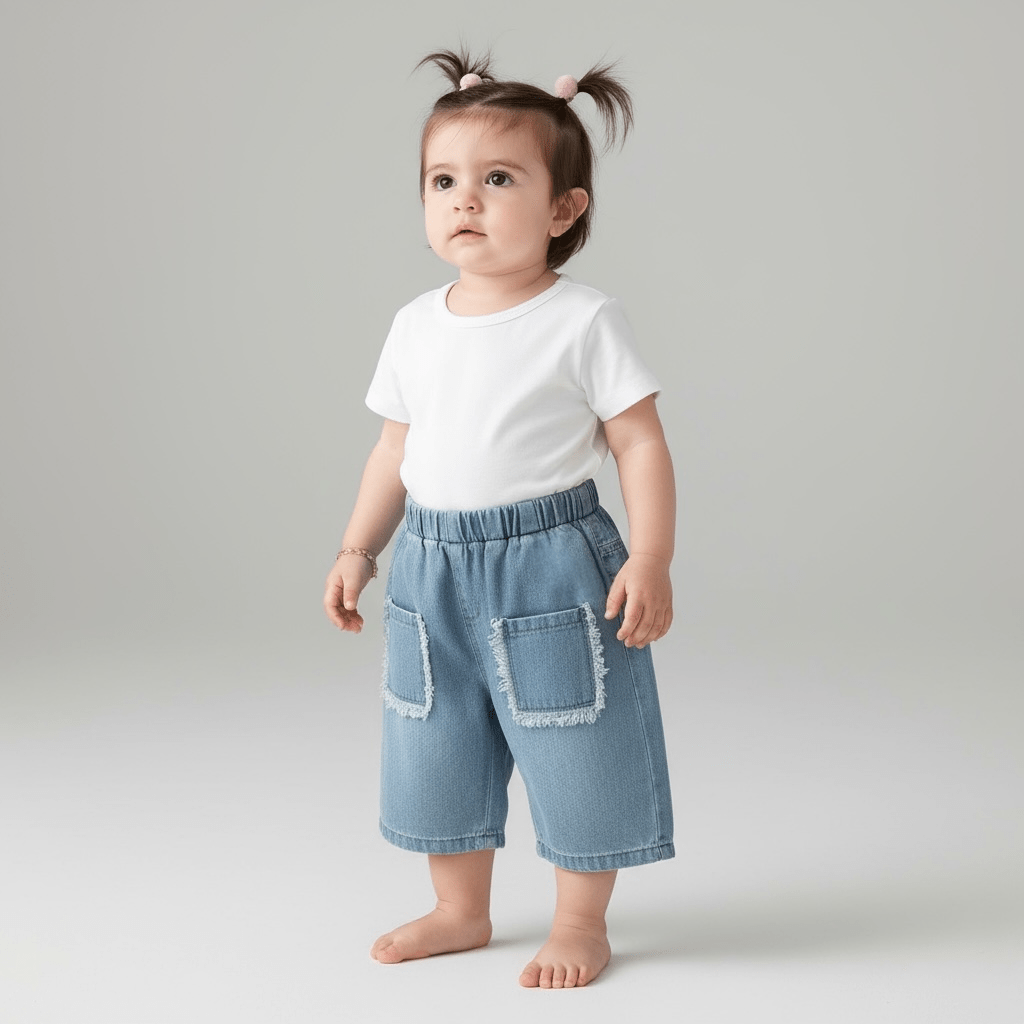 Lightweight Washed Denim Trousers with Frayed Pocket Detail