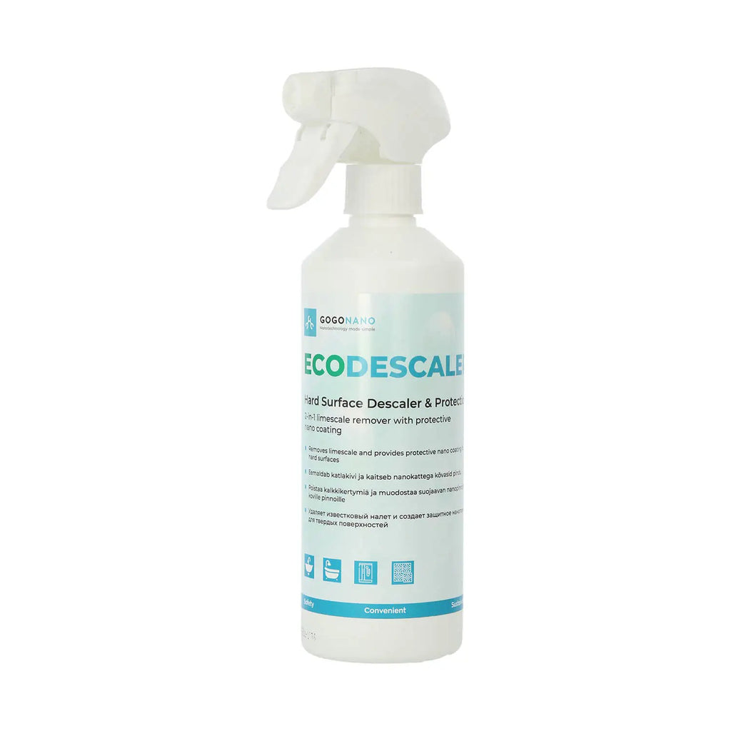 gogonano ecodescaler bottle spraying a fun, fizzy burst onto a sparkling chrome tap