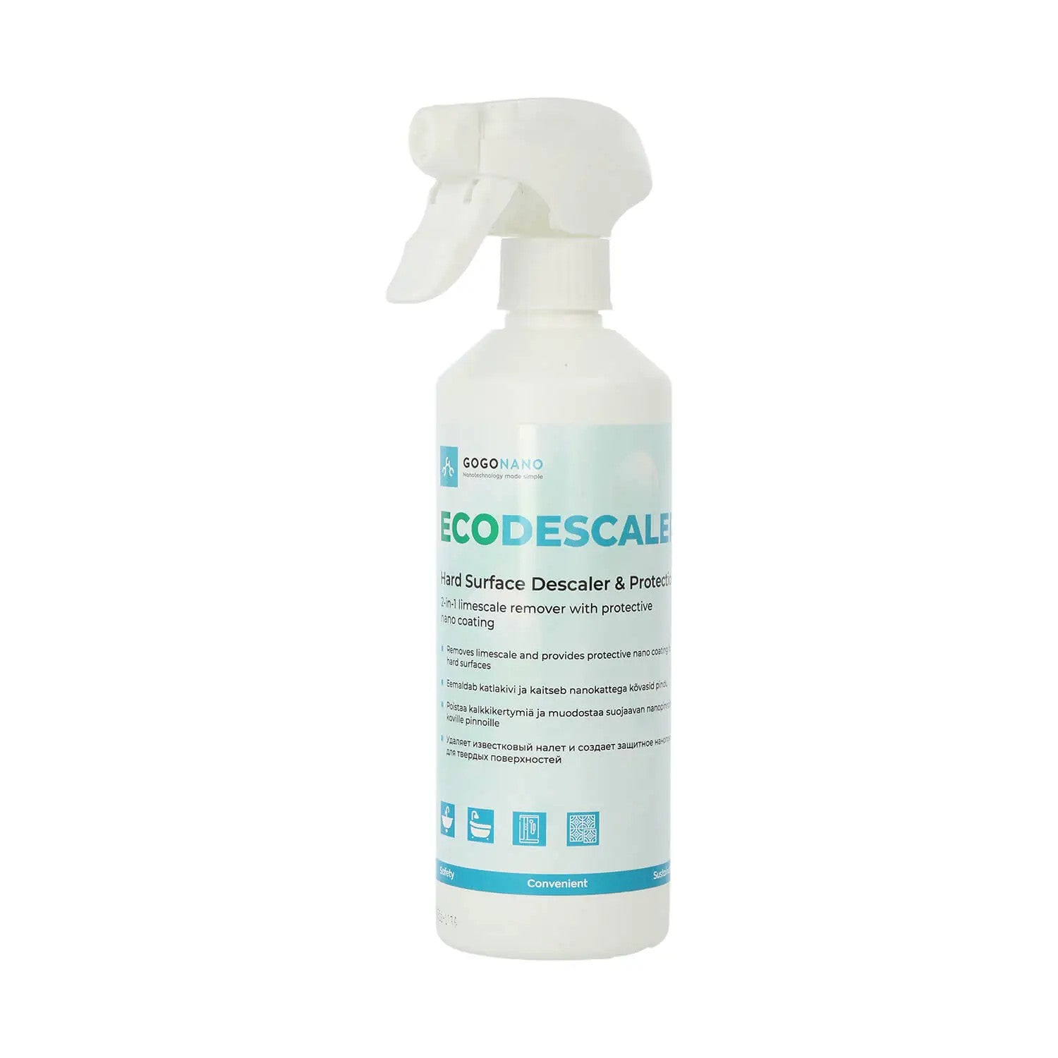 gogonano ecodescaler bottle spraying a fun, fizzy burst onto a sparkling chrome tap