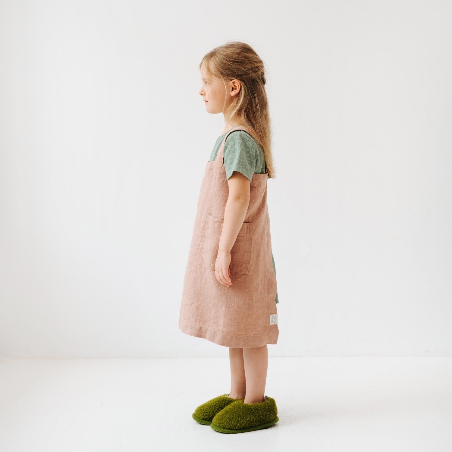 bold cafe creme linen pinafore apron for kids - no ties, front pockets, ready for kitchen fun