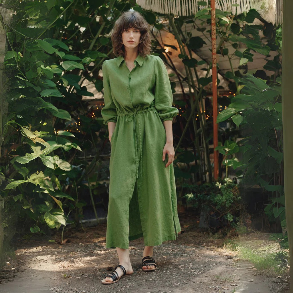 bold foliage green linen dress with side splits and a drawstring belt, confidently styled