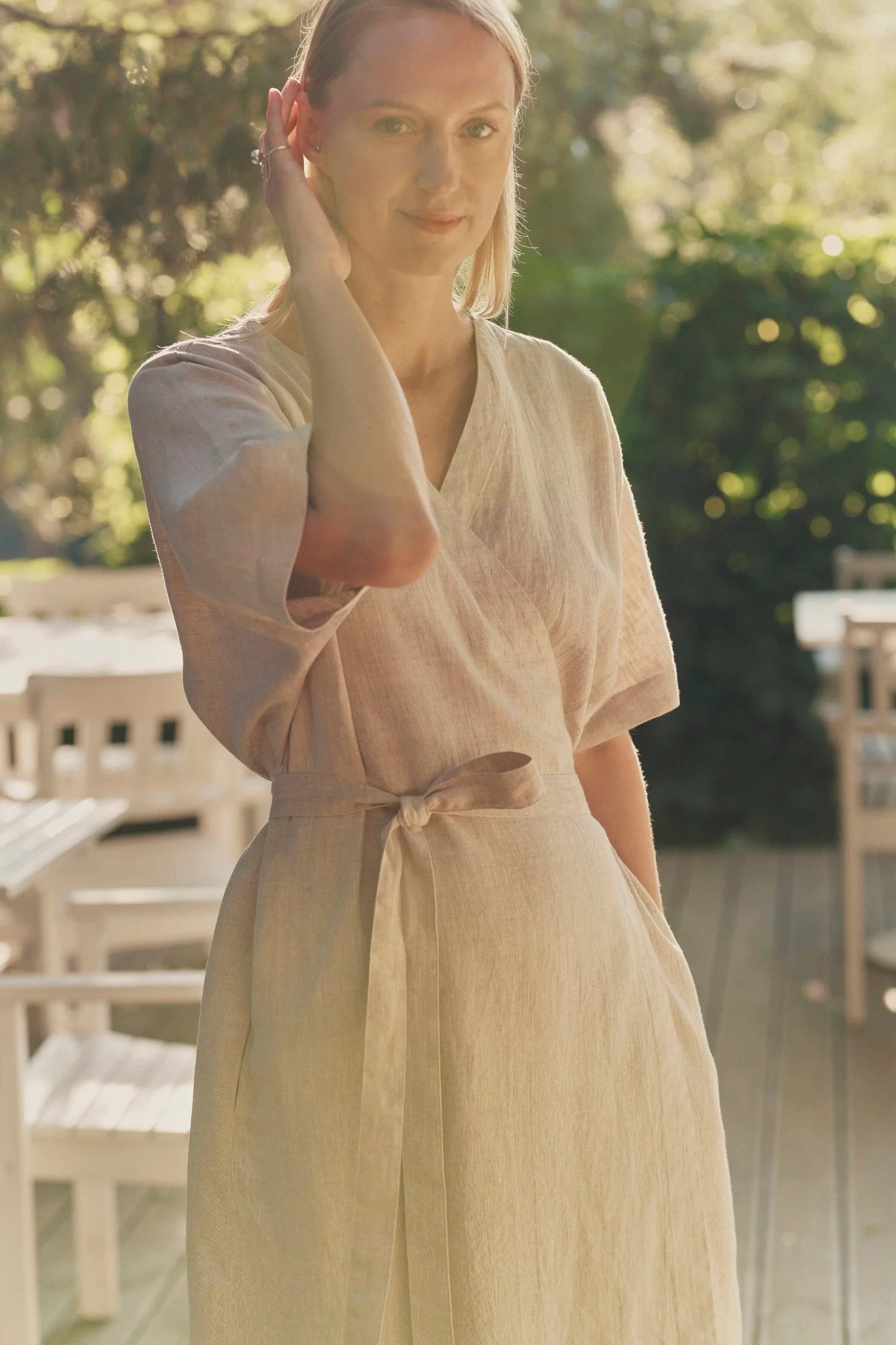 Embrace Elegance with the Versatile Vine Linen Wrap Dress by Linen Tales at www.brixbailey.com