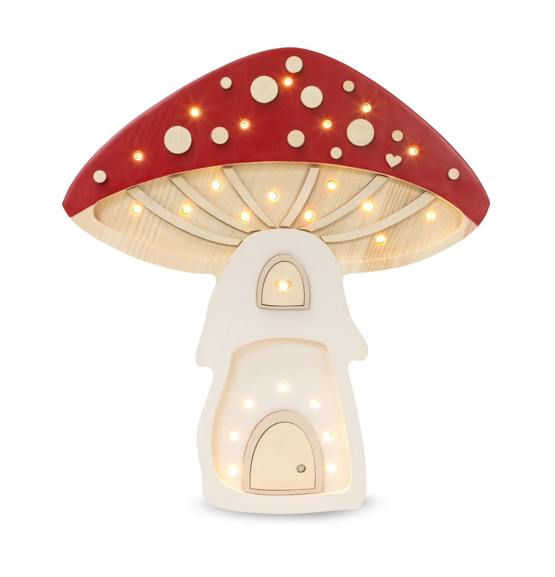 practical view of the pinewood mushroom lamp showing its long 180 cm cord and smart timer controls
