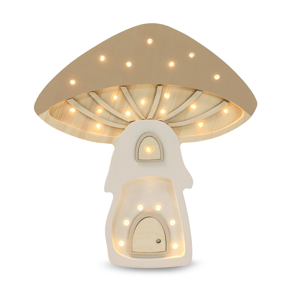 elegant pinewood mushroom lamp casting a refined warm glow on a nursery shelf