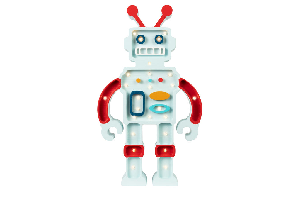 softly glowing little lights robot lamp casting a warm, comforting glow in a child's room