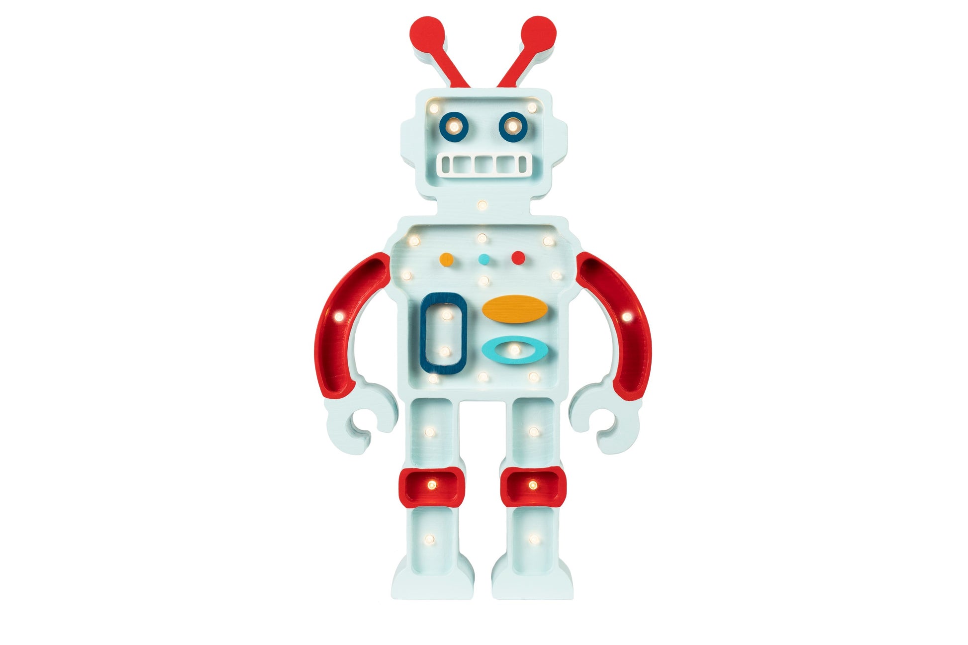 softly glowing little lights robot lamp casting a warm, comforting glow in a child's room
