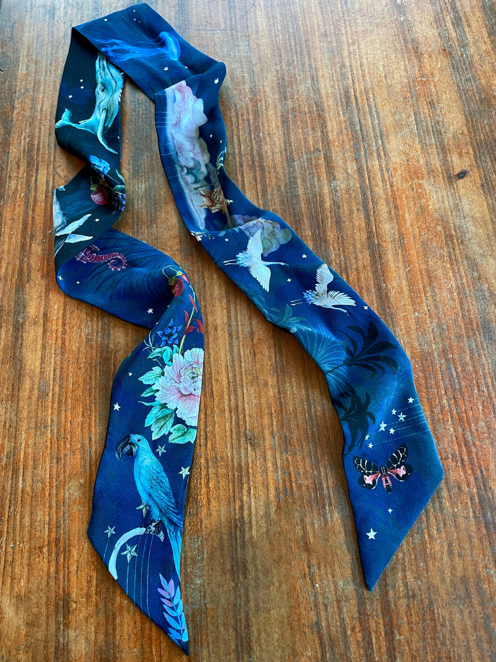 Navy Skinny Silk Scarf in Wondrous Botanical Print
