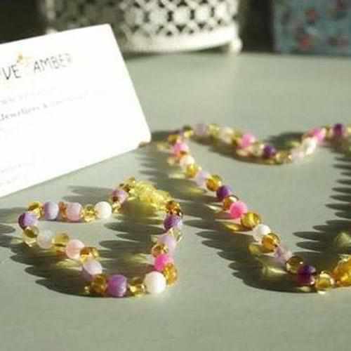 Child Amelie Pink Purple Agate Honey Baltic Amber Anklet