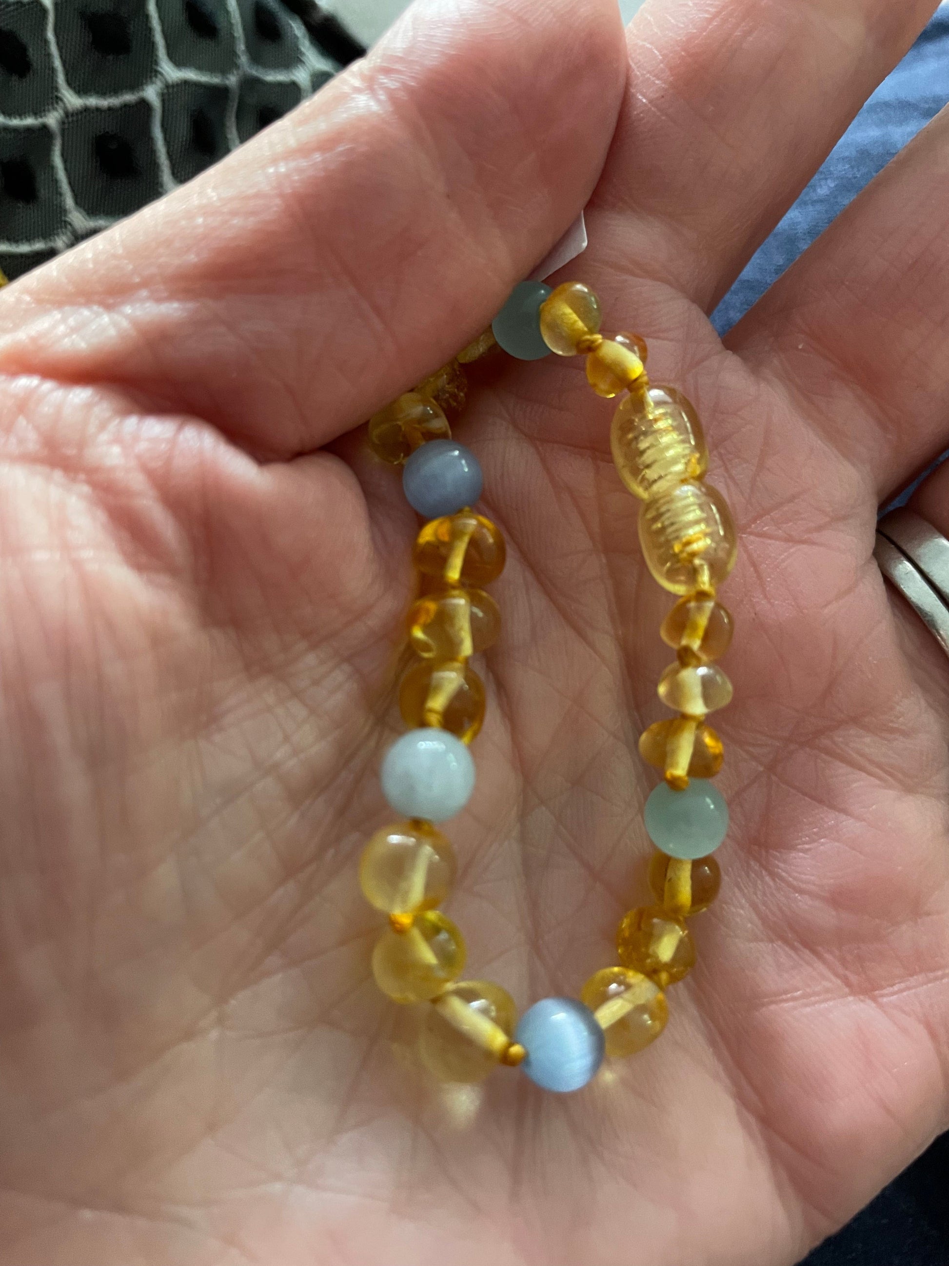 Blue Cats Eyes Aquamarine Genuine Baltic Amber Anklet Bracelet for Children