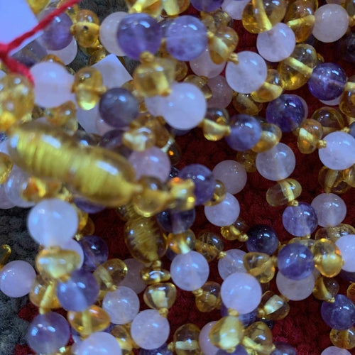 Child Amethyst and Rose Quartz Baltic Amber Anklet Bracelet