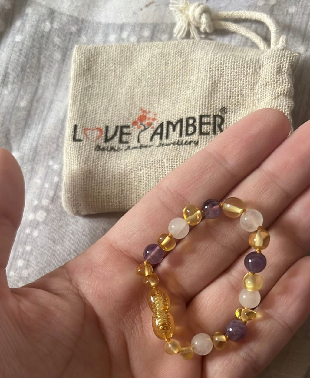 Child Amethyst and Rose Quartz Baltic Amber Anklet Bracelet