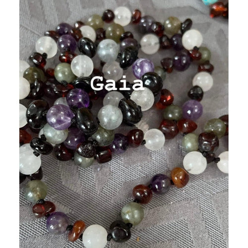 Child's Gemstone Necklace with Black Cherry Baltic Amber, Amethyst and Rose Quartz