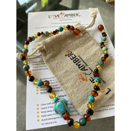 Child's Blue Koopa Turtle Necklace with Rainbow Baltic Amber and Jasper