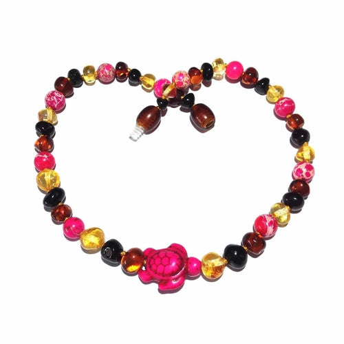 Child's Shelly Pink Turtle Necklace with Rainbow Baltic Amber and Jasper