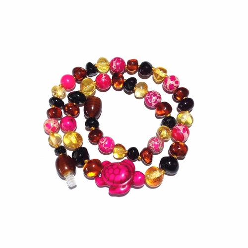 Child's Shelly Pink Turtle Necklace with Rainbow Baltic Amber and Jasper