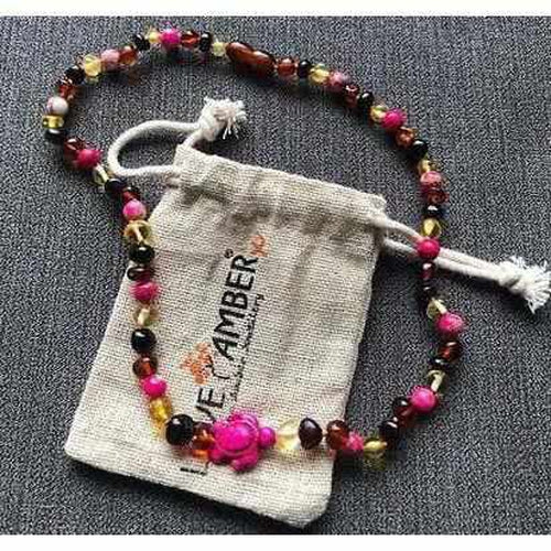 Child's Shelly Pink Turtle Necklace with Rainbow Baltic Amber and Jasper
