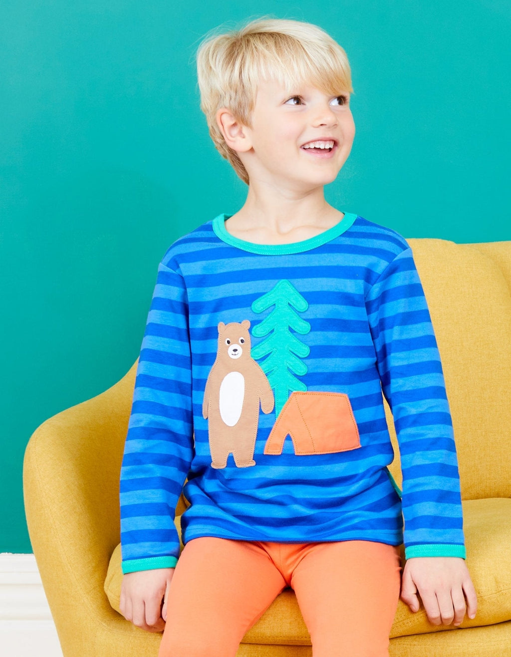 Organic Camping Bear Applique Long Sleeved T Shirt