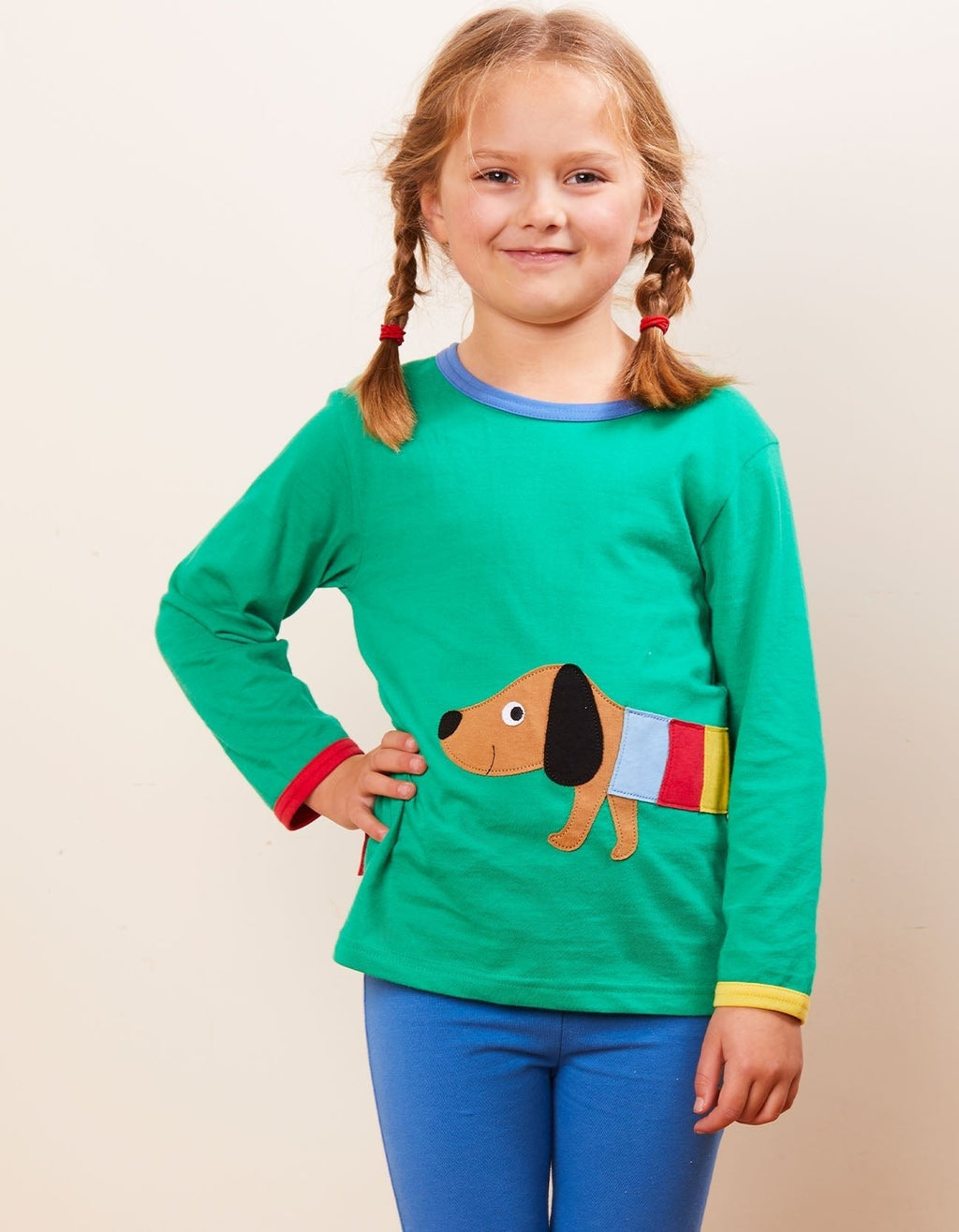 Organic Sausage Dog Applique Long Sleeved T Shirt in Green