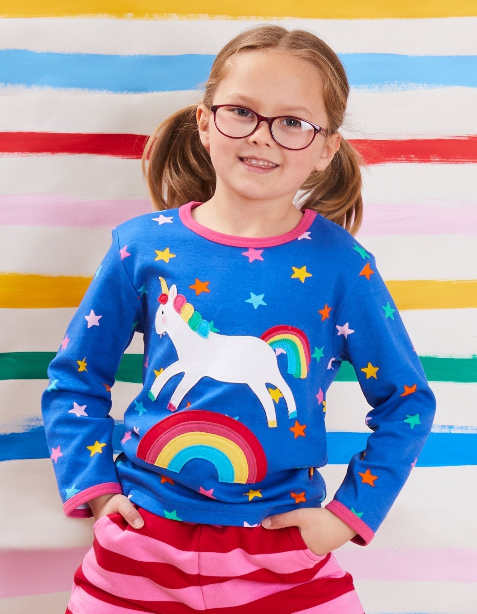 Organic Rainbow Unicorn Applique Long Sleeved T Shirt