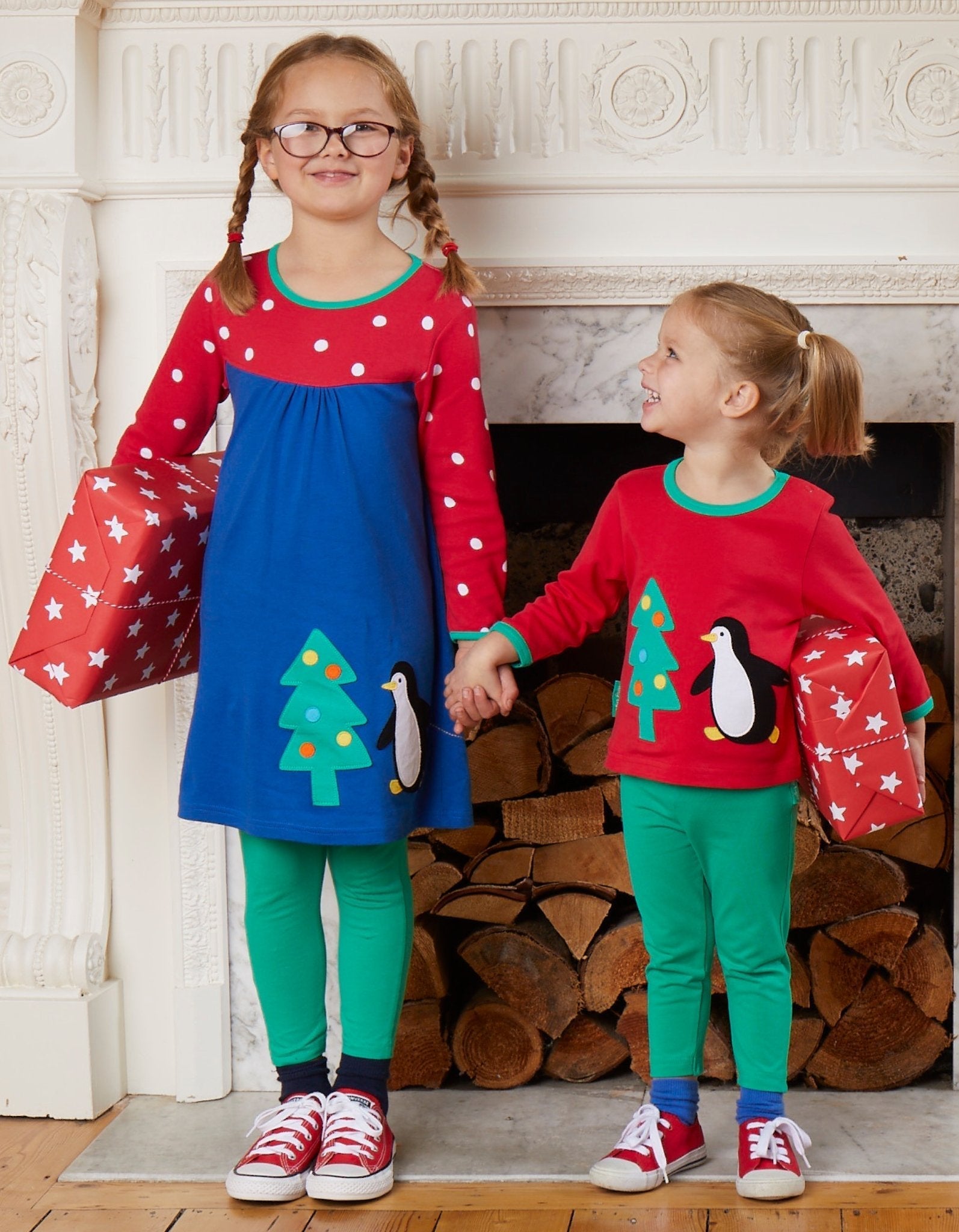 Organic Penguins Christmas Applique Long Sleeved T Shirt