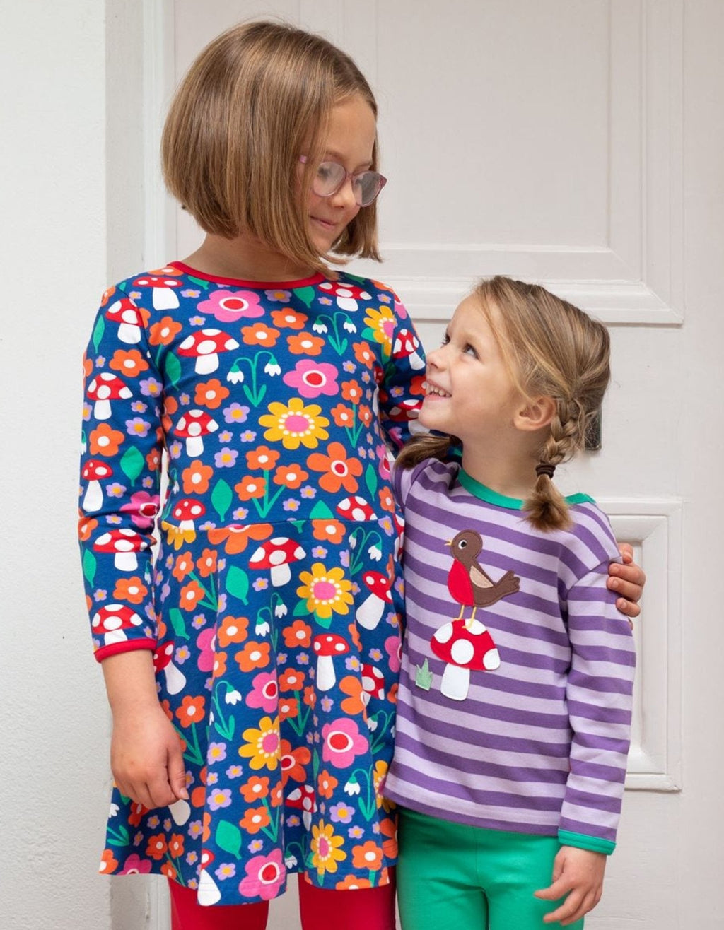 Organic Floral Mushroom Print Long Sleeved Skater Dress for Kids