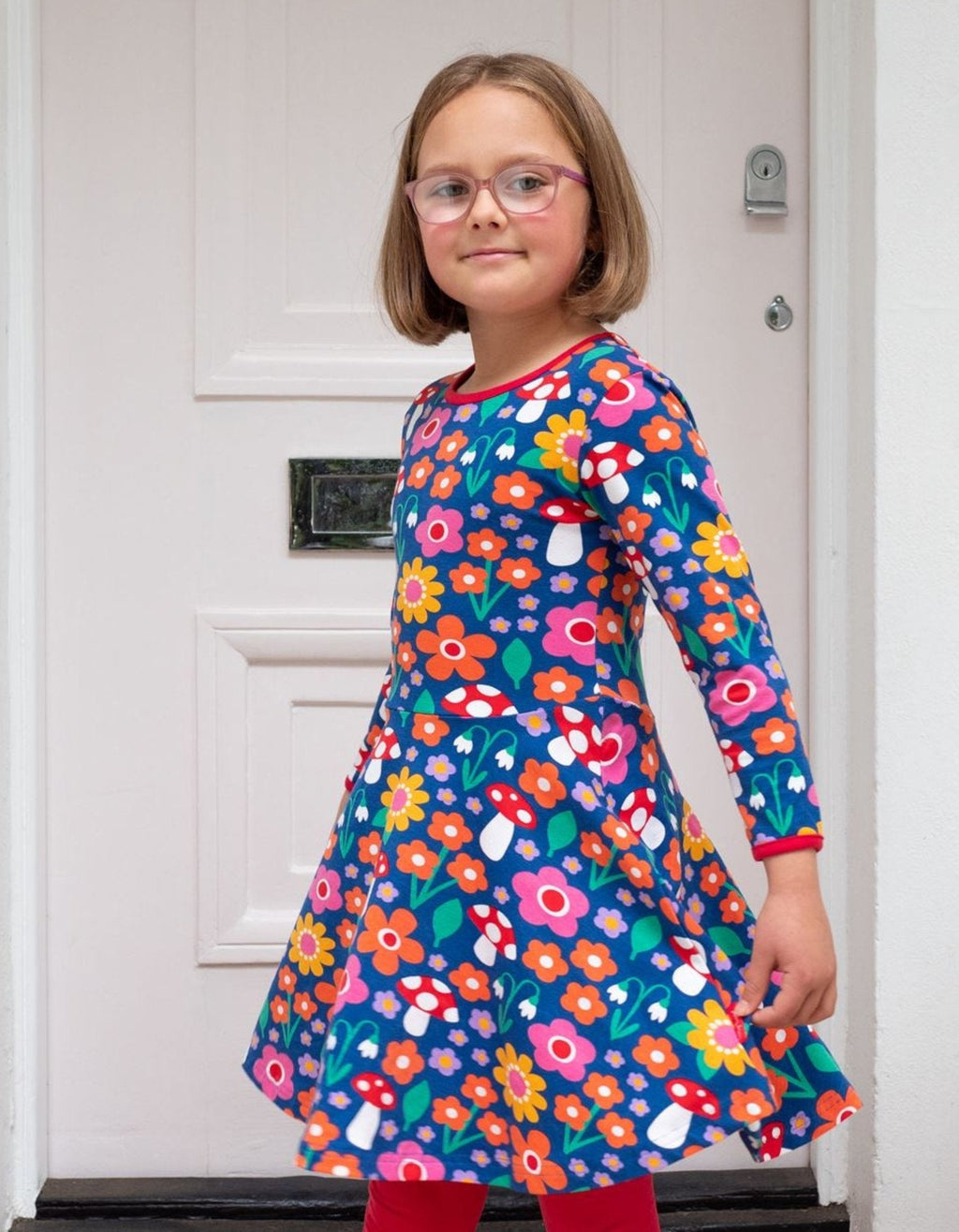 Organic Floral Mushroom Print Long Sleeved Skater Dress for Kids