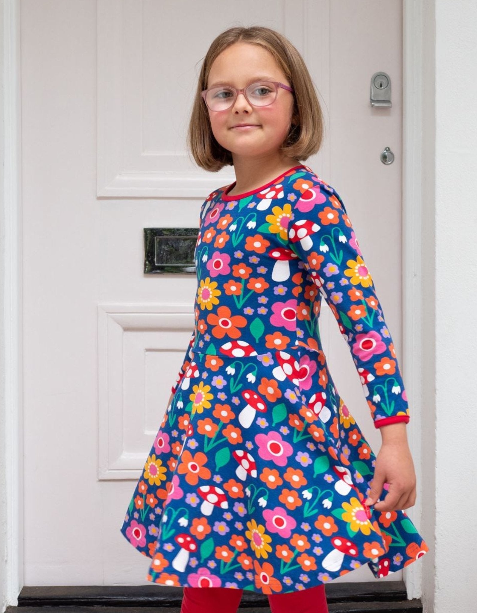 Organic Floral Mushroom Print Long Sleeved Skater Dress for Kids