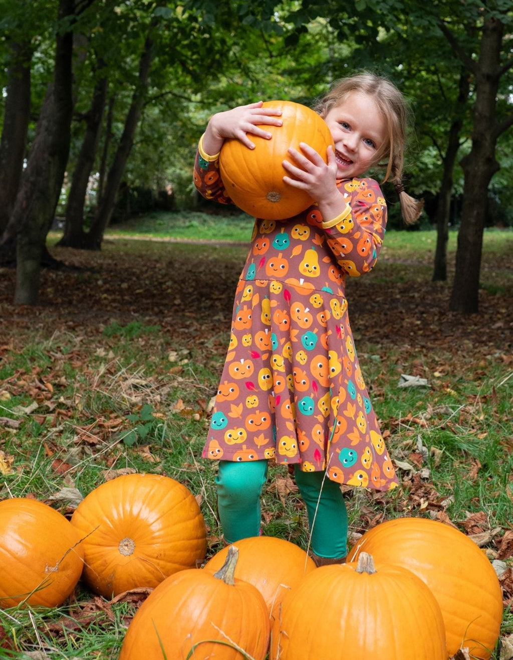 Organic Pumpkin Print Long Sleeved Skater Dress for Kids