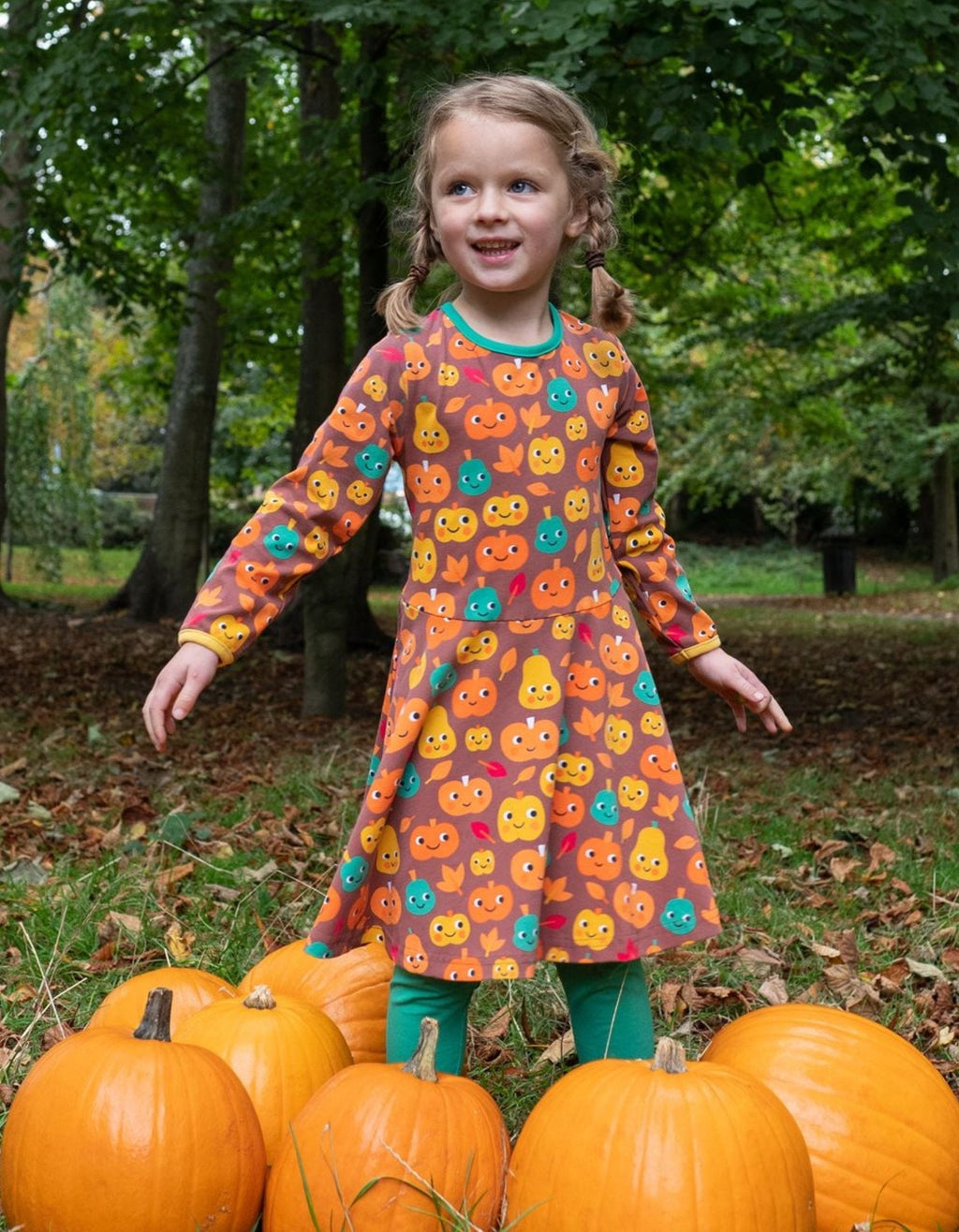 Organic Pumpkin Print Long Sleeved Skater Dress for Kids