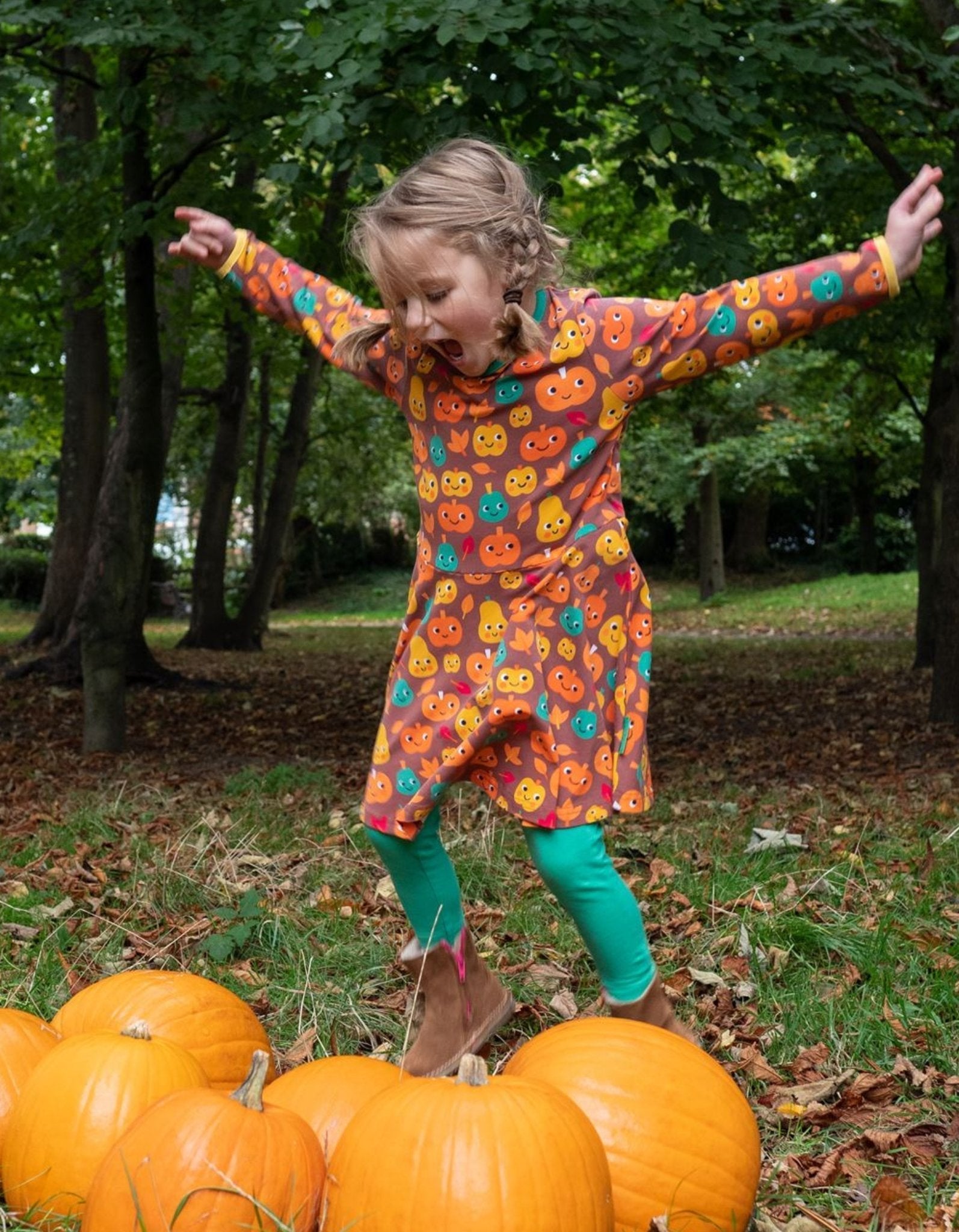 Organic Pumpkin Print Long Sleeved Skater Dress for Kids