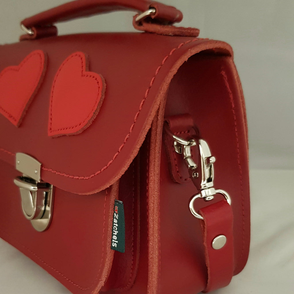 Luna Handmade Leather Bag in Red with Love Hearts