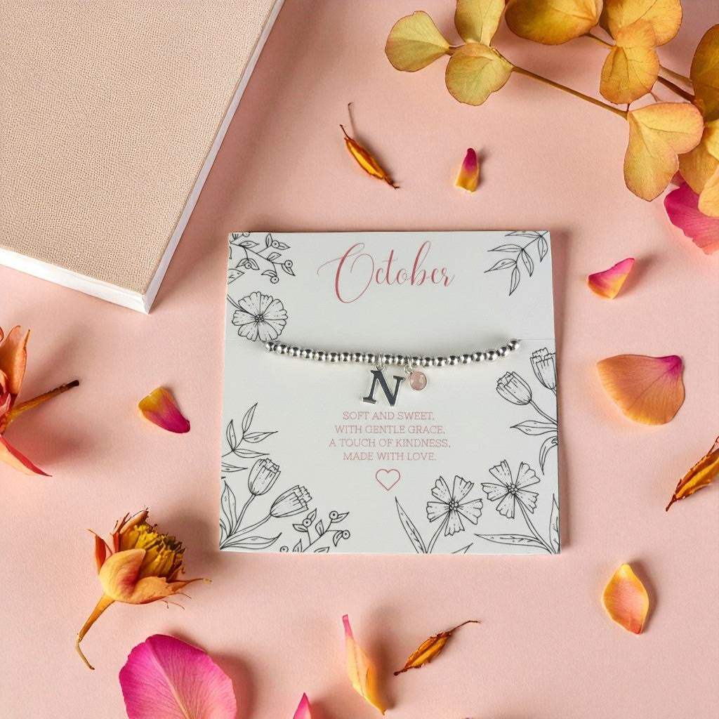 Personalised Initial and October Birthstone Stretch Bracelet