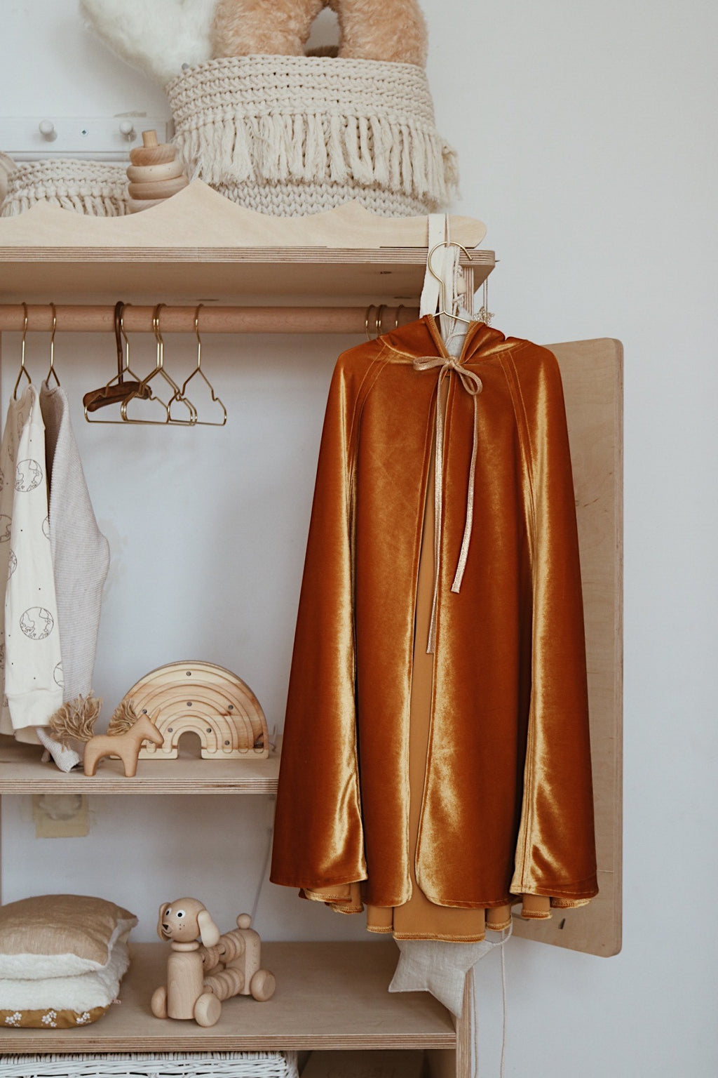 handmade golden velour riding hood cape for kids in soft morning light