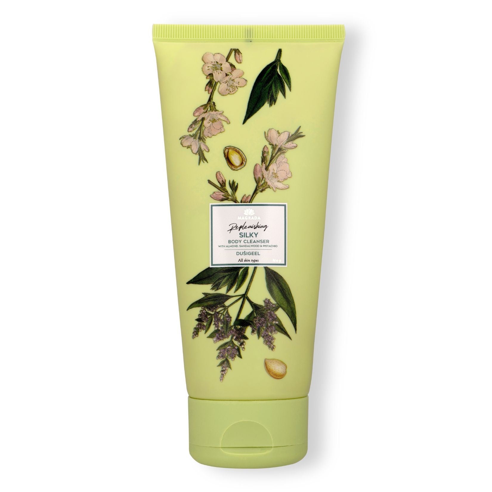 soft golden shimmer of magrada x lauren moisturizing shower gel with cucumber extract, glowing in warm light