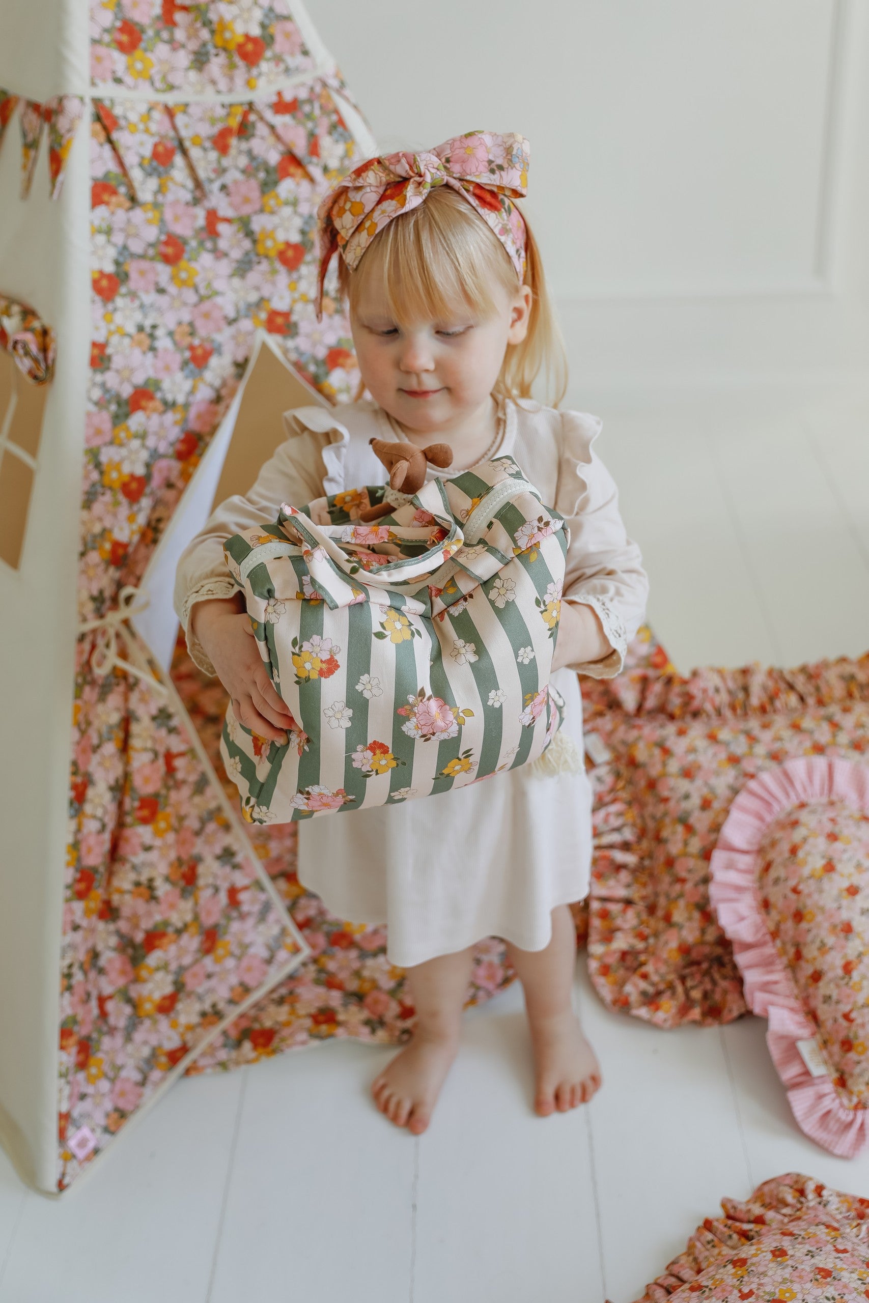 playful green striped makeup bag set for kids treasures and beauty essentials